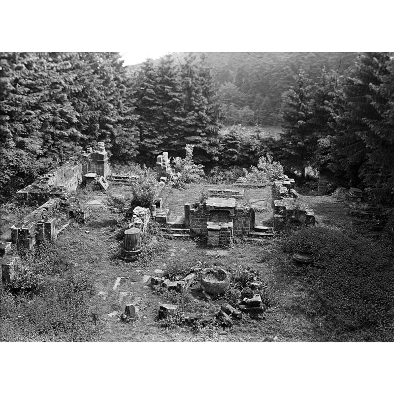 the round object in the middle of the image appears to be a baptismal font; a later photograph N230707007 [https://www.autour-du-mont-sainte-odile.fr/niedermunster-l-abbaye-ruinee] [accessed 7 July 2023] shows it restored