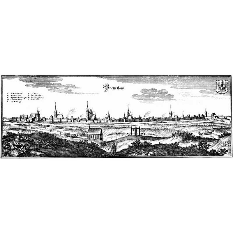 Source caption: "Die Abbildung stammt von Matthäus Merian dem Älteren aus dem 17. Jahrhundert (1620–1650)." -- St. Mariens, identified as "A", is the 4th tall building from the left