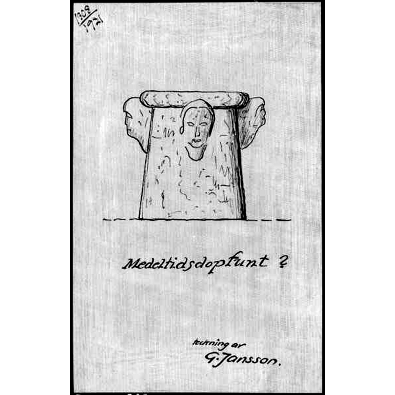 Source caption: "Dopfuntsfot, skaftet, kalksten, tillverkad på Gotland, 1200-tal, teckning av G. Jansson."