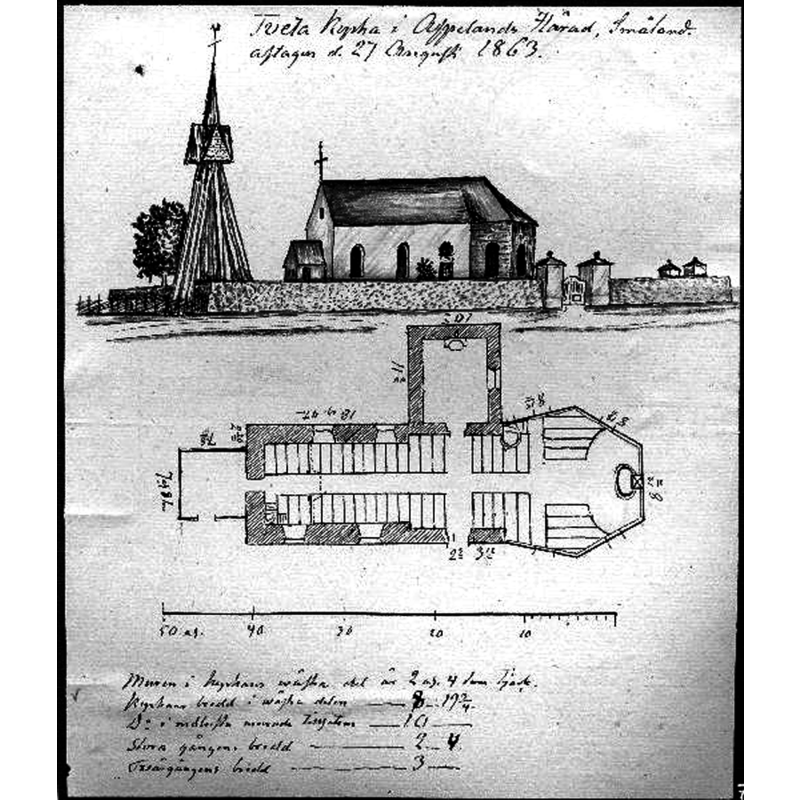 Source caption: "Skiss över kyrkan samt planritning över densamme. Av N. I. Löfgren."