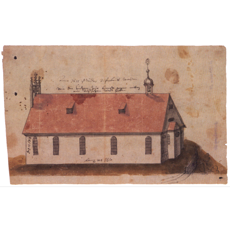 Source caption: "Entwurf zum Neubau der Wallfahrtskirche von Altbirnau; schwarze Feder über schwarzem Stift; koloriert auf gelblich grauem Papier; wahrscheinlich vor 1614."