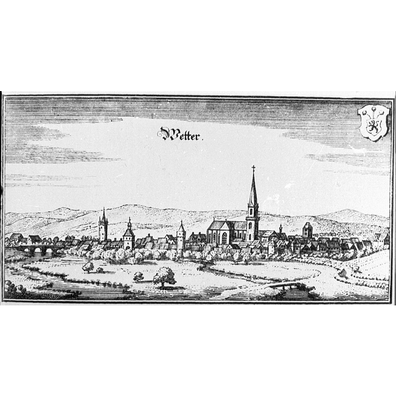 Source caption: "Wetter (Kreis Marburg), Stadtansicht von Norden [...] Topographia Germaniae (i), Topogr. Hassiae et Regionum Vicinarum, Frankfurt 1655, Tf. nach S. 138"