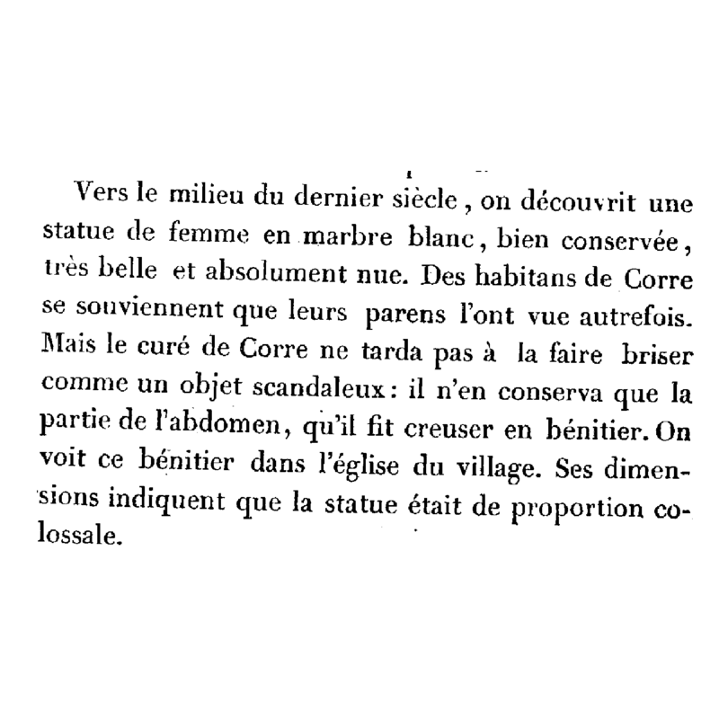 the original(?) text informing of the discovery of the statue, its destruction and the re-purposing of a fragment into a holy-water stoup [cf. FontNotes]