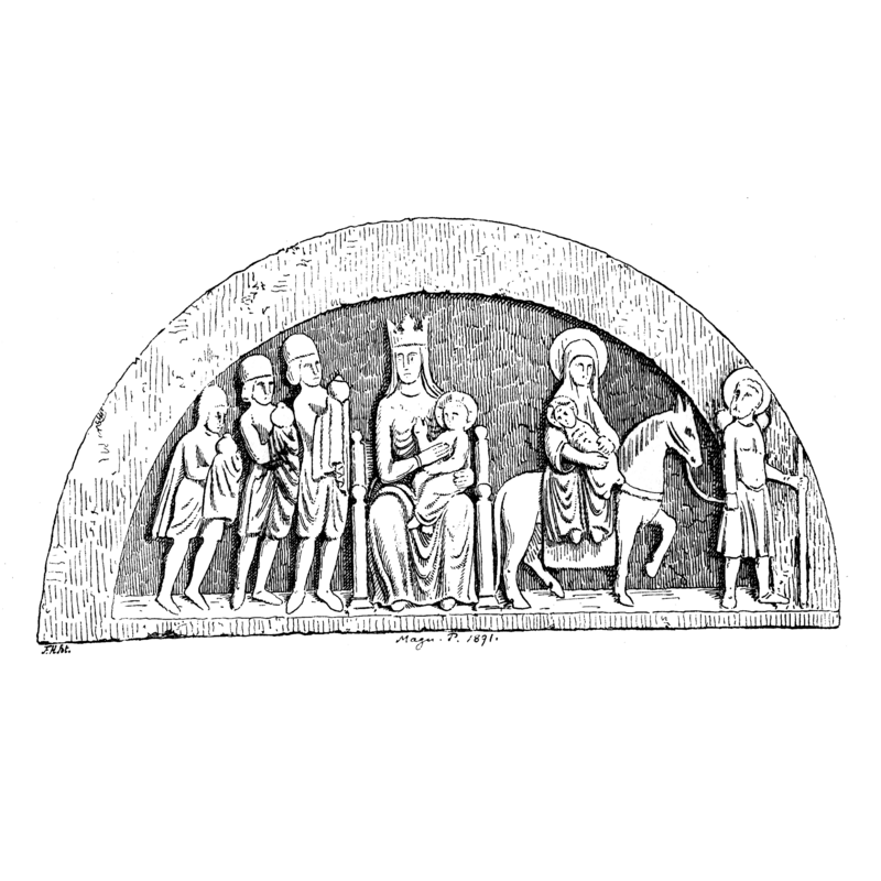 Source caption: ""De gamle Kalkmalerier i vore Kirker" 1900 af Julius Magnus Petersen (1827–1917), Fig. 7. De tre Vise. Sten over Indgangsdøren til Aalum Kirke."