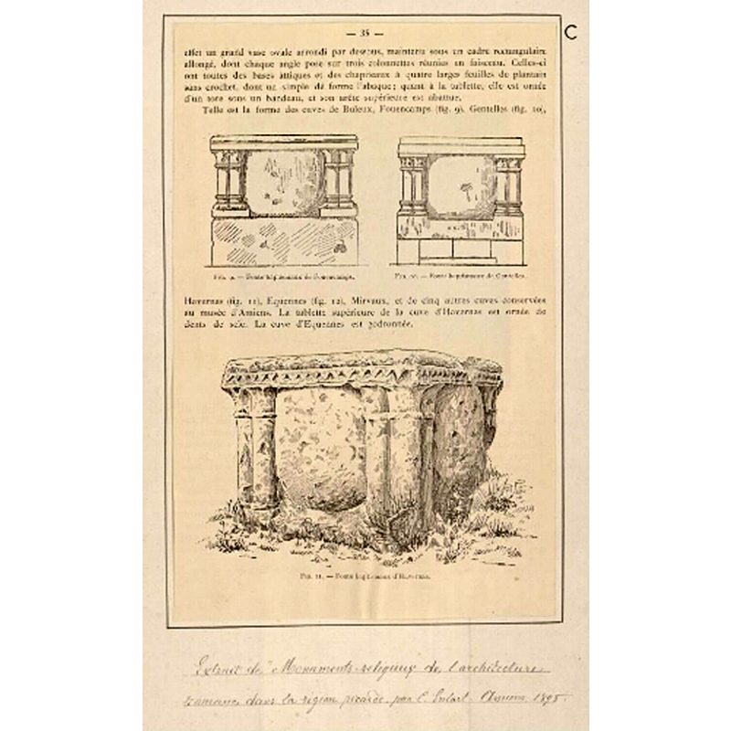 Source caption: "Fig. 9) Fonts baptismaux de Fouencamps. Fig. 10) Fonts baptismaux de Gentelles. Fig. 11) Fonts baptismaux d'Havernas - Extrait de "Monuments religieux de l'architecture romane … dans la région picarde" par C. Enlart, Amiens, 1895, p. 35."