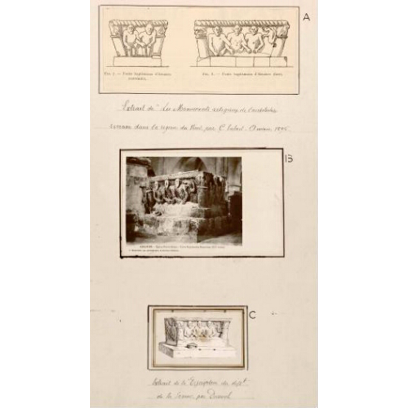Source caption: "A) Fonts baptismaux d'Airaines (extrémité) - Fonts baptismaux d'Airaines (face). - Extrait de "Les Monuments religieux de l'architecture romane dans la région du Nord par C. Enlart. Amiens, 1895. B) Airaines. Église Notre-Dame. Cuve baptismale romaine (XIIe siècle). - C. Monschein, am.-photographe, à Airaines (Somme). C) Fonts baptismaux d'Airaines. - Extrait de la "description du département de la Somme" par Dusevel."
