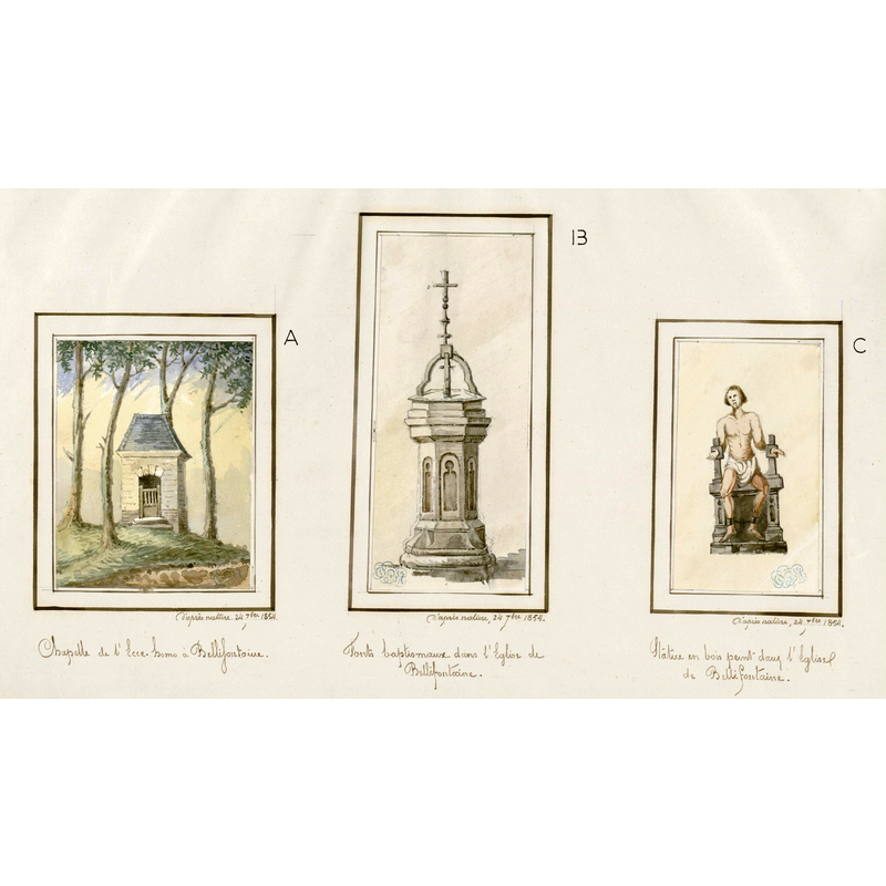 Source caption: "Fonts baptismaux dans l'église de Bellifontaine. - Aquarelle d'Oswald Macqueron, d'après nature, 24 septembre 1854." -- showing the font in Bellifontaine in the middle