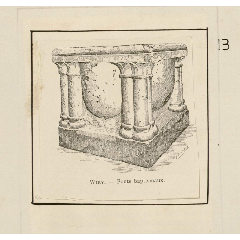 Source caption: "Wiri : Fonts baptismaux. - Extr. de "La Picardie historique et monumentale" [...] Aquarelle. Archives et Bibliothèque patrimoniale d’Abbeville, Hal. 46A"