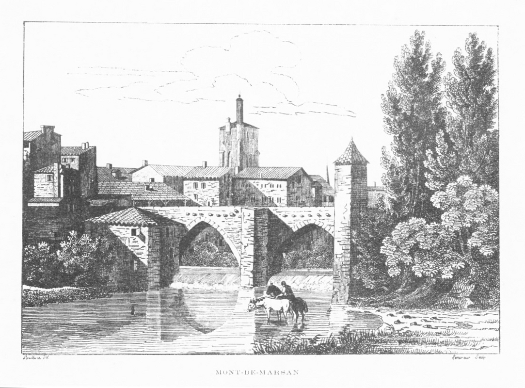 " Ancien pont du Bourg (détruit en 1816) et ancienne église de la Madeleine (effondrée en 1821) à Mont-de-Marsan, Landes, France"