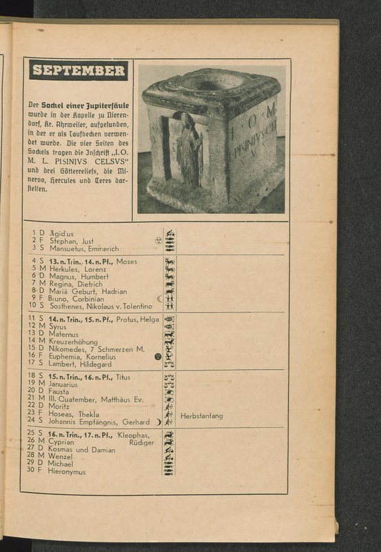 illustration for the month of Sptember featuring the re-purposed Roman votive altar