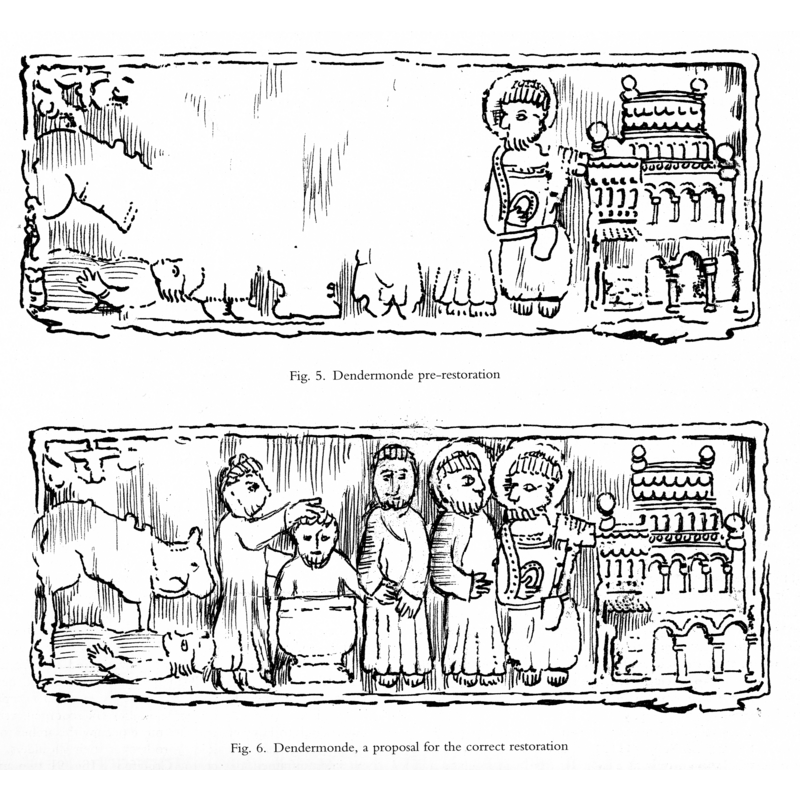 the upper drawing (fig. 5) shows the side of the basin (conversion of Saul) prior to the 19th-century restoration -- the lower side shows Drake's proposal for a "correct restoration"