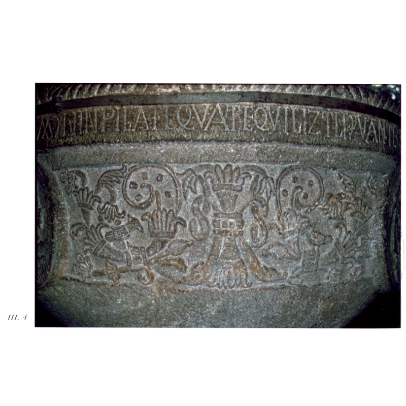 foliage, plants, birds and what has been interpreted by Reyes-Valerio as the symbol of Tlaloc [Aztec rain of water]; the whole assortment may be a synchretic rendition by the local artist incorporating Aztec elements to the Christian pattern