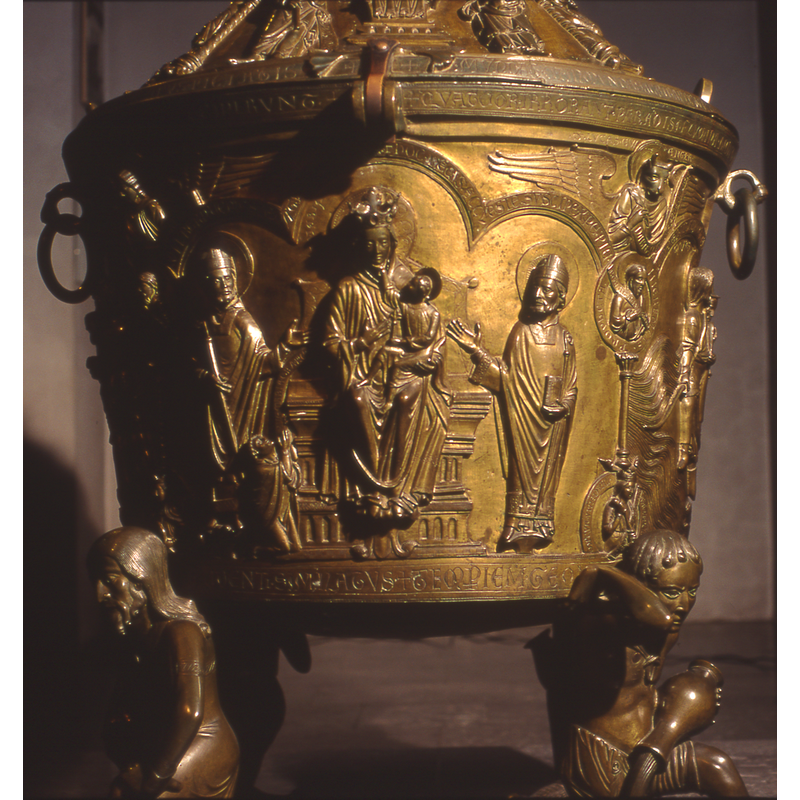 Virgin crowned and enthroned in heaven; to her right [viewer's left] St. Godehard; to her left [viewer's right] Epiphanius