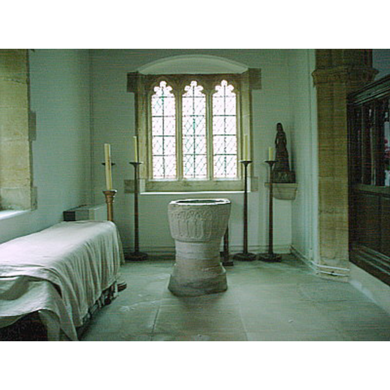 The font in its present [2204] location, in the Lady Chapel, in the Church of St. Lawrence, in Affpuddle