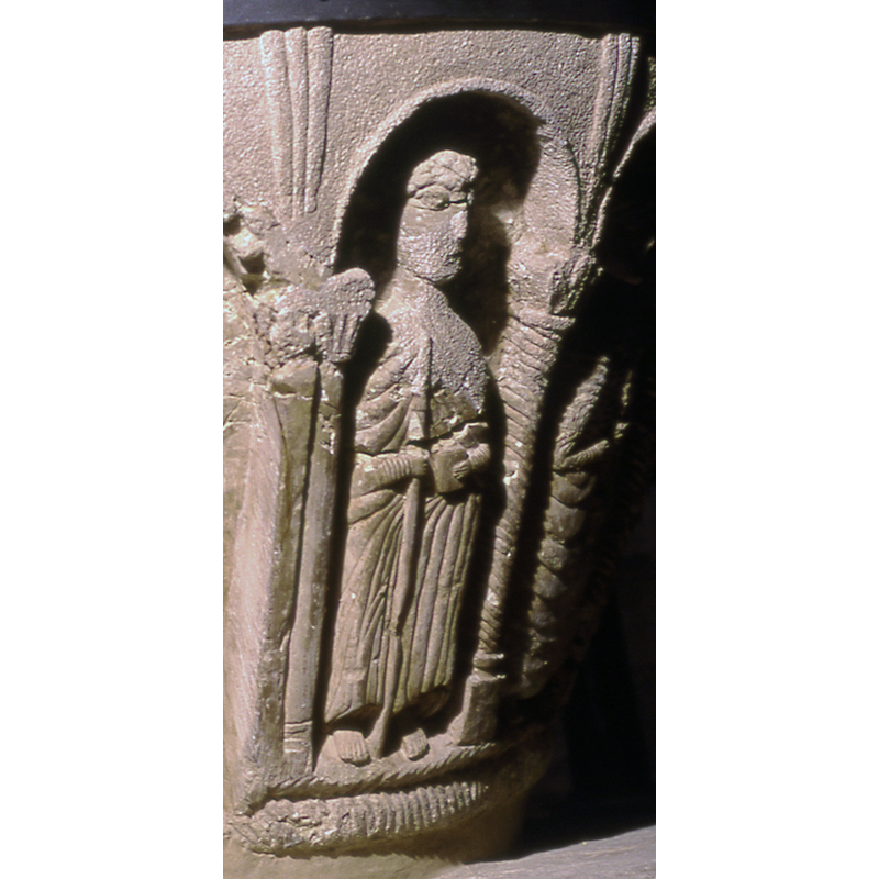 to the right of Christ, on His left; It is unclear what the object the figure holds in his right hand is: Thomas' lance? / Philip's staff minus the cross? / James the Less' pole? / Paul's sword?