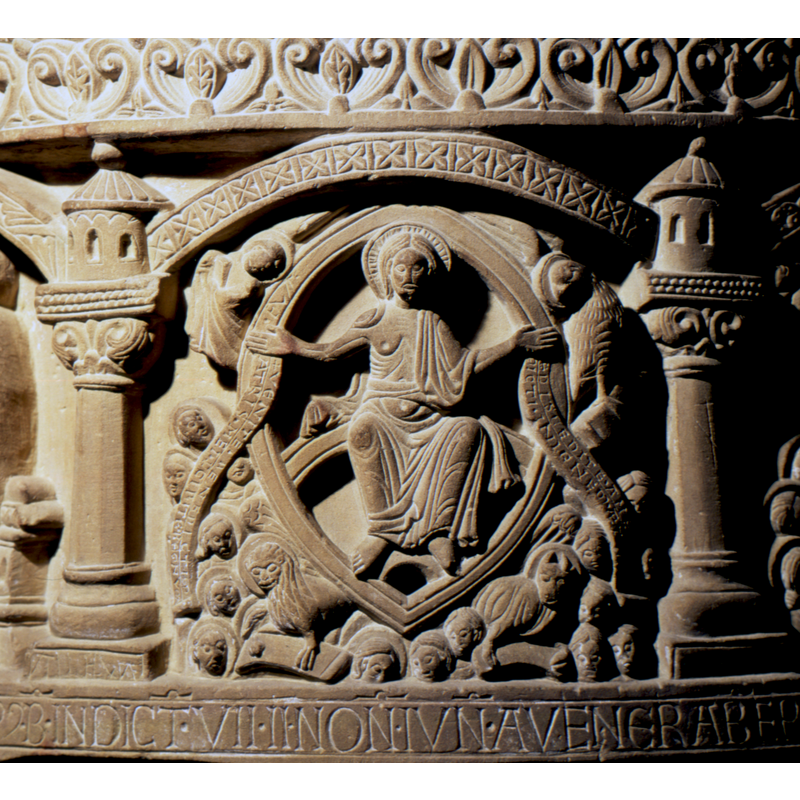 conflated Majestas Domini and Last Judgment, inscribed banners; running inscription on lower rim; haloed symbols of the four Evangelists; souls all over the lower side;, the ones on the laft are haloed, the ones on the right are not-- note also  an incision (?) on the left side the mandorla, by Christ's right hand