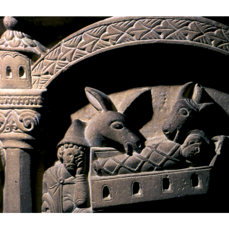 detail of the Nativity: notice Joseph's pointed hat