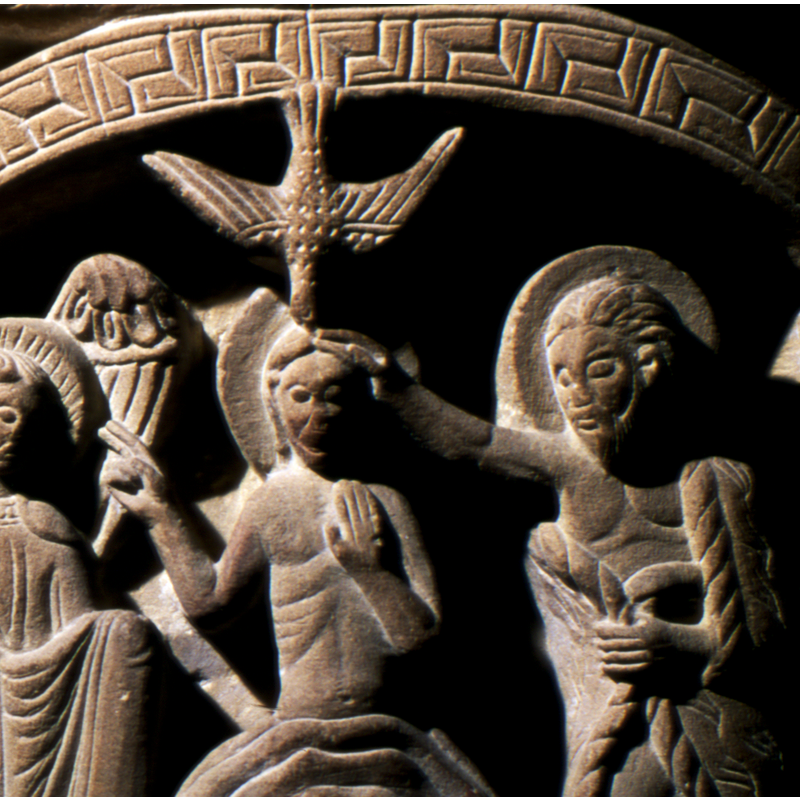 detail of the Baptism of Christ scene; notice the fretwork on the arch-head above