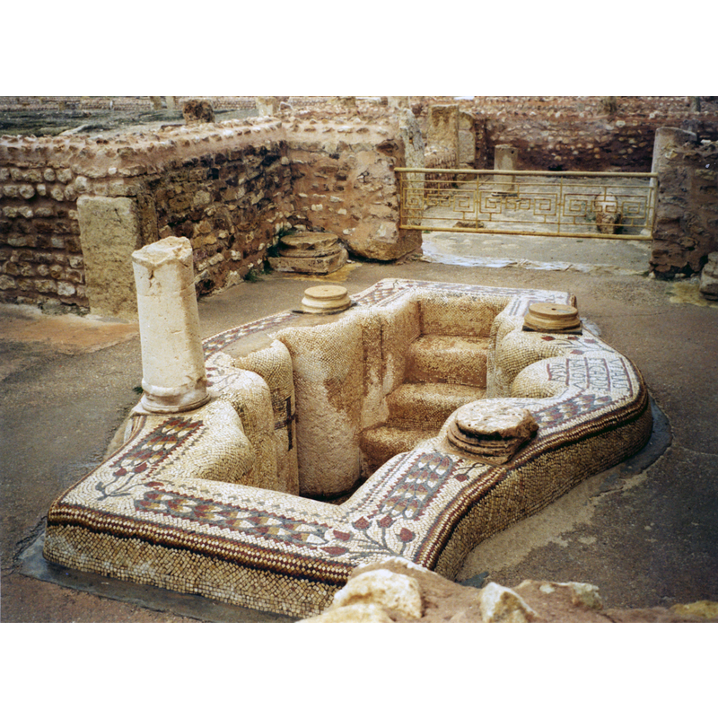 in mosaic work, all around the upper rim surface -- After the reconstruction/repair