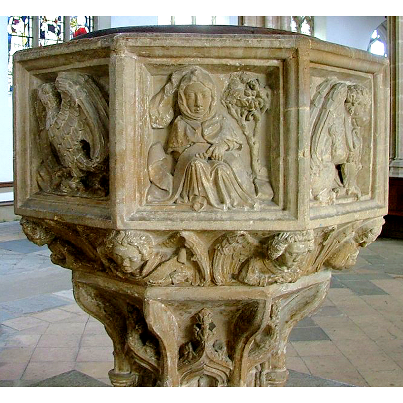 left=John's eagle - centre Seated woman beside a tree, facing front - right=Mark's lion