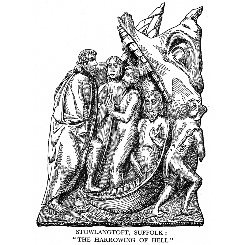 Identified in James (1930) as Flemish work in the chancel: Harrowing of Hell