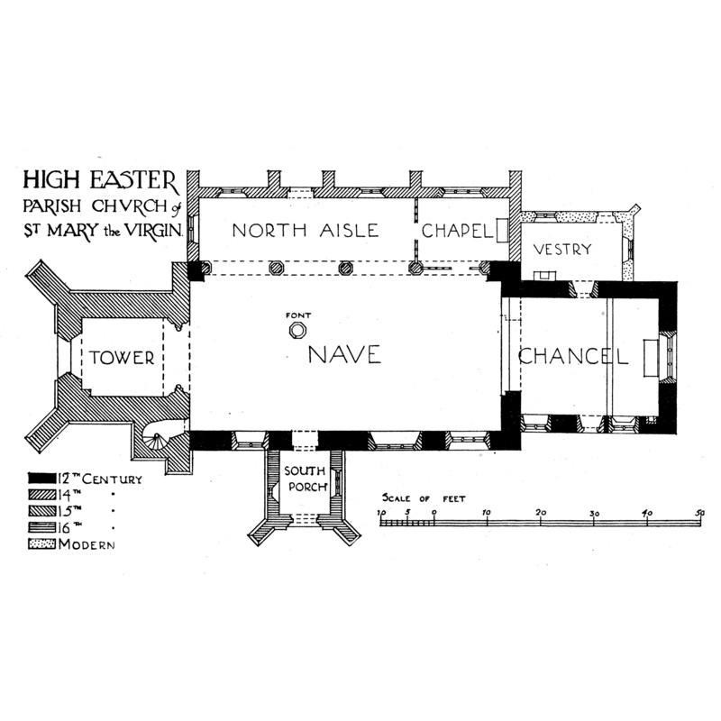 showing location of the font in the centre of the nave