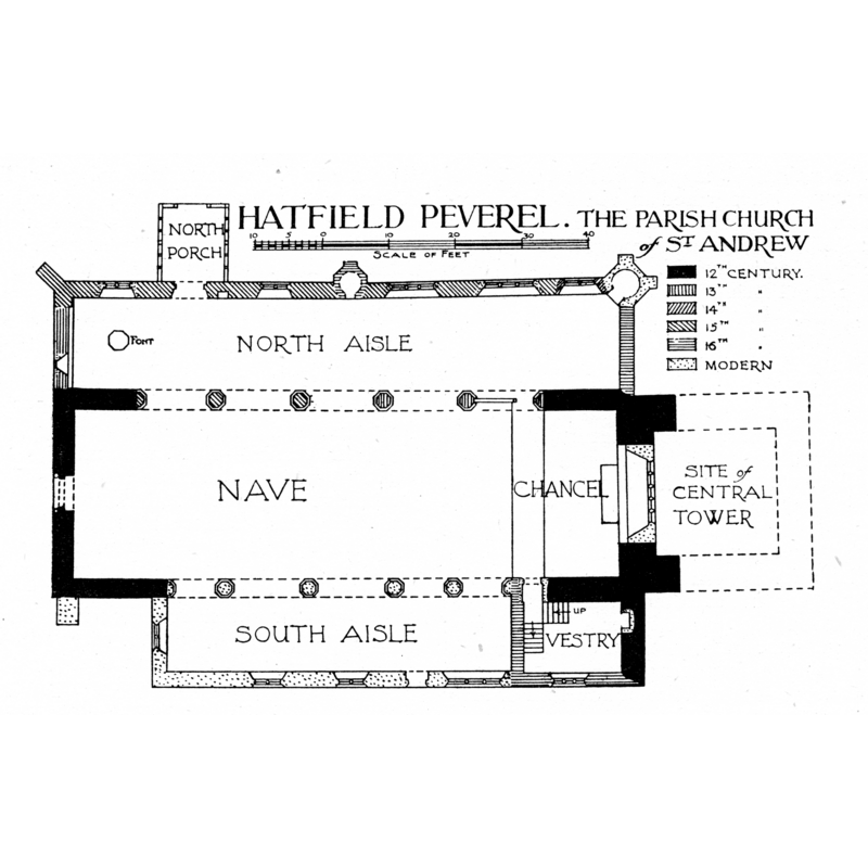the location of the modern font [not listed in this Index] indicated at the west end of the north aisle