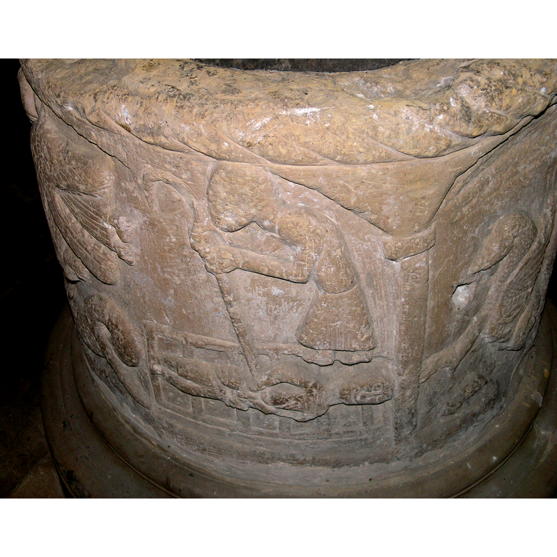 under the right arch a monster; in the left arch, to the right, the Martyrdom of St. Lawrence; to the left, the head of the dragon that devours St. Margaret