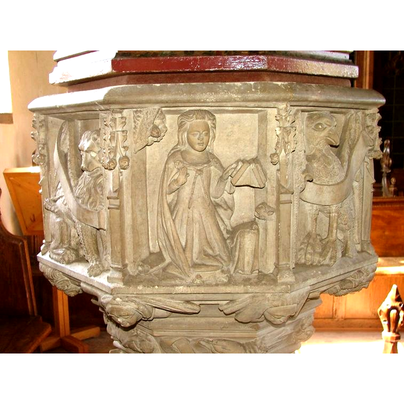 probably the Annunciation [or a combination of it and the donor? cf. Font notes], flanked by the symbols of two of the Evangelists