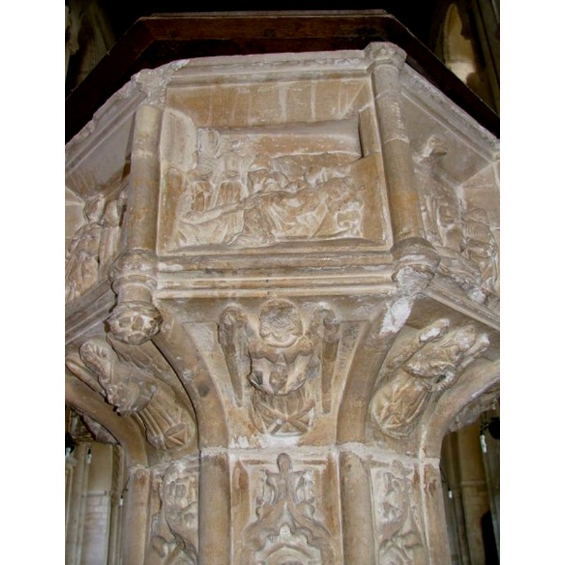 [cf. Font notes] SW side of the underbowl, under the Baptism of Christ scene