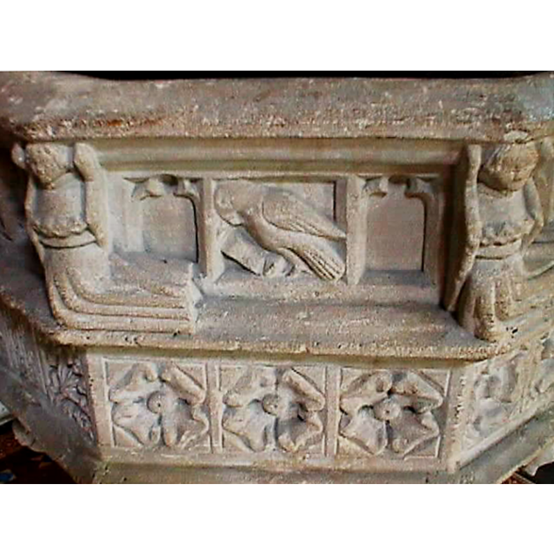 hands raised to the upper rim and lower part of the tunic sliding towards the right of the viewer; one at each upper angle of the octagonal basin [cf. Font notes]