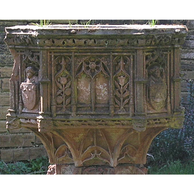 basin sides 1, 3 and 7 have a similar though not identical pattern, consisting of a tracery window in the centre with plant-like motifs on either side