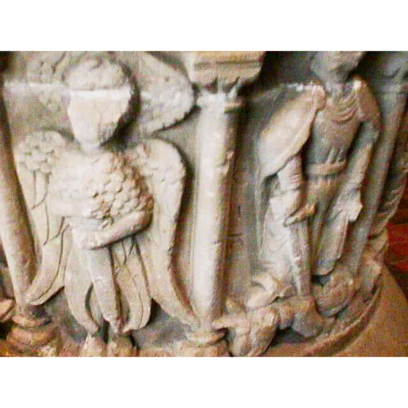 bears inscription: LARGITAS / AVARITIA -- image: Cherubim on the left; Largesse on the right