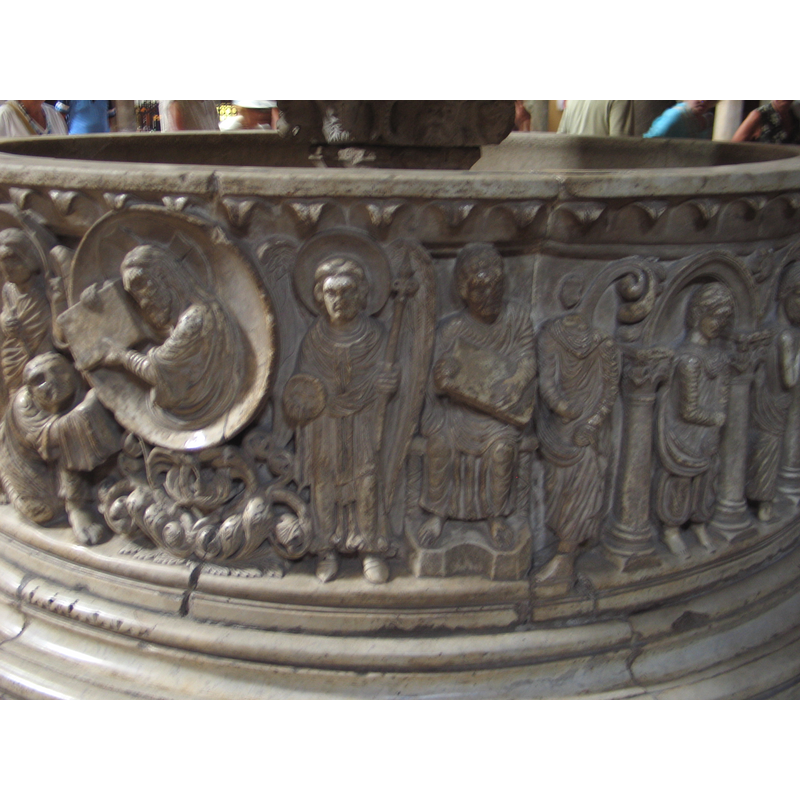 saints or the faithful; two female and six female, one under each arch; [cf. FontNotes]