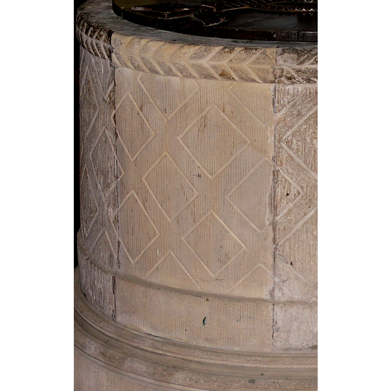 note the restoration with new-stone insert