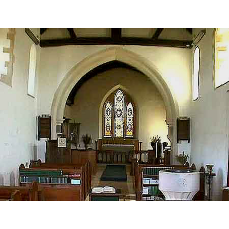 church interior; nave, looking east; the font in the forefront, right side