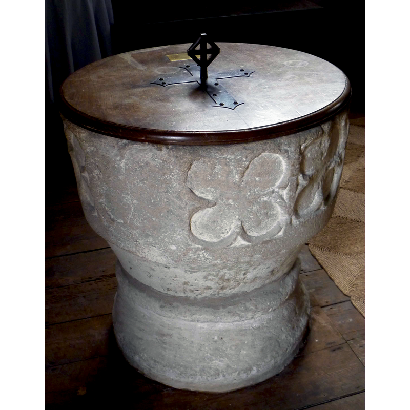 the old font, re-carved, now in Tarlton, Gloucs.