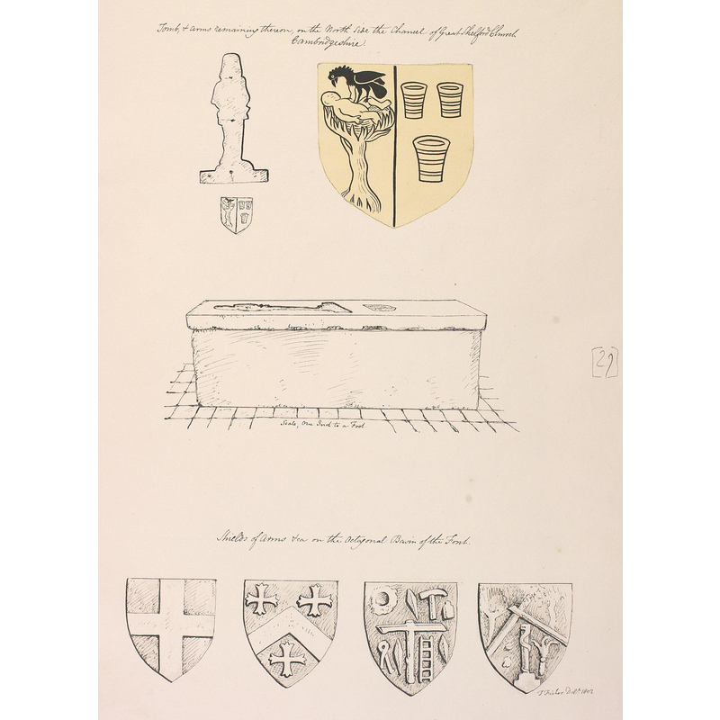 the four shields on the font side illustrated in the lower part of the drawing