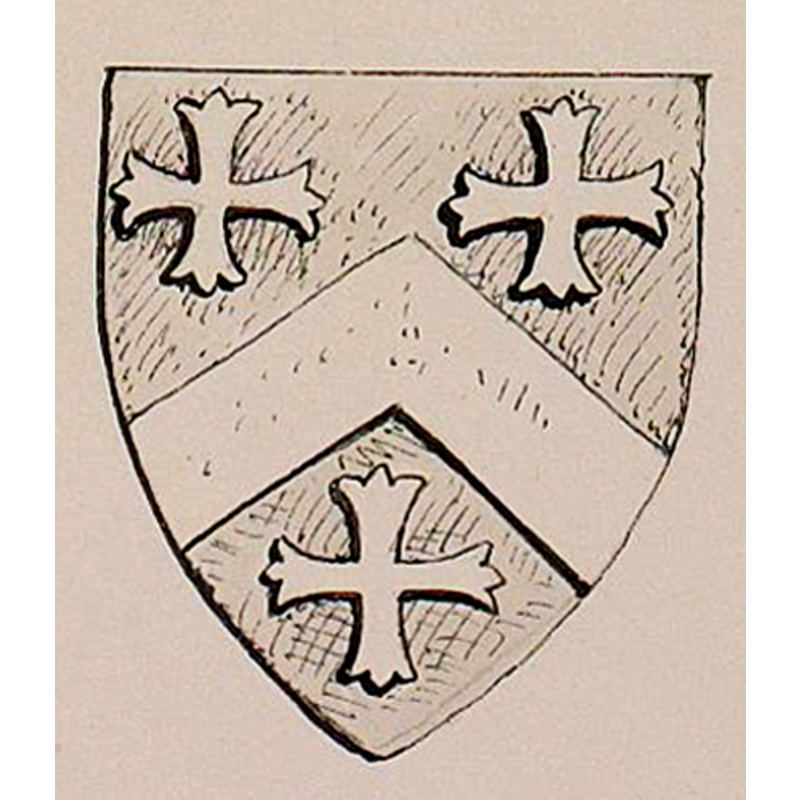 "Sable, a chevron between three crosses moline, or" [cf. FontNotes]