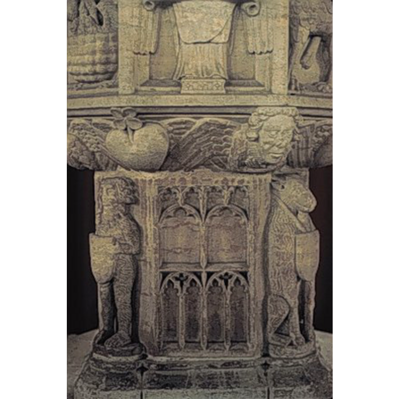 on the sides of the pedestal base, between the figures