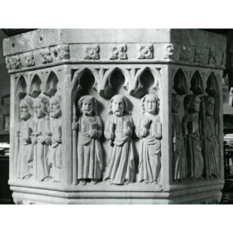 in groups of three. over four of the basin sides; on this side: left: Thomas with his lance; centre: either James the Less with his pole? [broken here at both ends?]; right: James the Greater with his scallop shell?