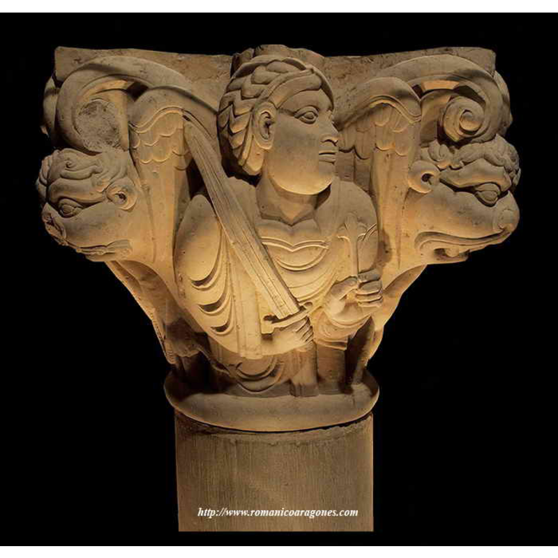 A winged figure (angel?) holds up a sword and a fleur-de-lis