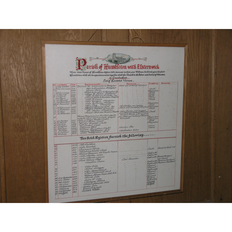 the list of Humbleton Parish Vicars starting in 1302 (but notes that there were Vicars in Humbleton before 1162; a church here is reported in the Domesday survey [cf. FontNotes])