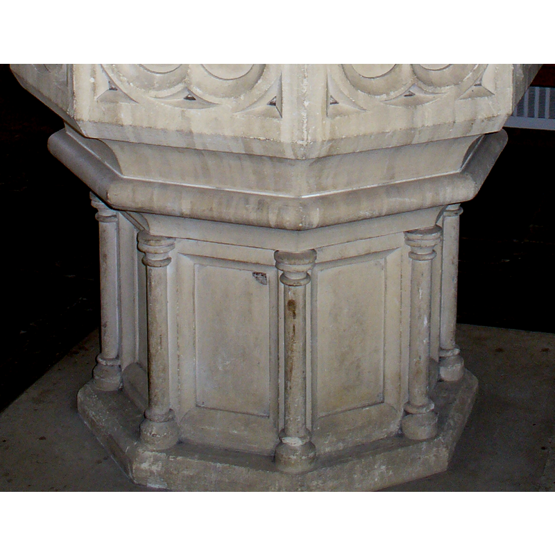 this 19th-century octagonal font was in place inside the church in June 2008 [we have no information on its present whereabouts]