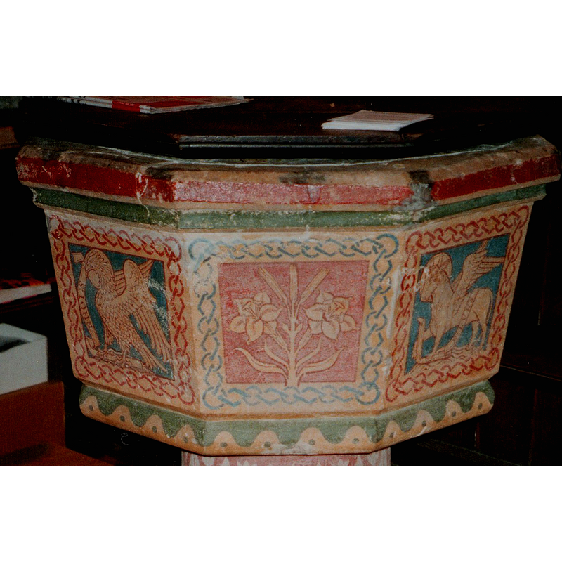 painted on alternate sides of the octagonal basin: in this image, showing on the basin sides the symbols of John, left, and Luke, right