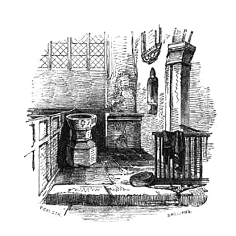 view of the northeast corner of the nave of the old church in this 1846 engraving [cf. Font notes]; the old church was demolished in 1870