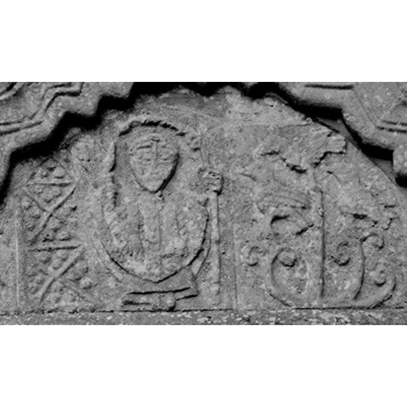 on the left, a church building; in the centre. a cleric; on the right, a Tree of Life (?) with birds