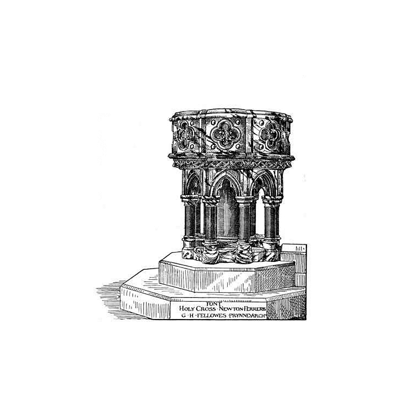 The 19th-century font -- engraving in The Western Antiquary (issue of April 1887, vol. VI, no. 12, p. 280) -- the text on the lower step reads: "FONT. HOLY CROSS. NEWTON-FERRERS. G. H. FELLOWES-PRYNNE. ARCH" [it is not clear whether the text is actually on the font or just on the drawing]].