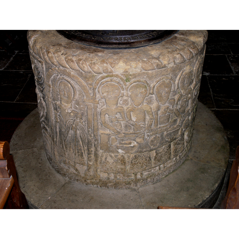 on the left, St. Nicholas [cf. Font notes]; on the right, a part of the Last Supper scene