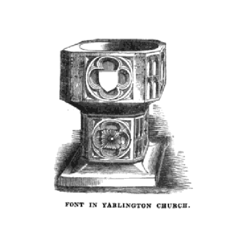 Source caption: "St Mary's Church, Yarlington. Perpendicular square font with chamfered corners."